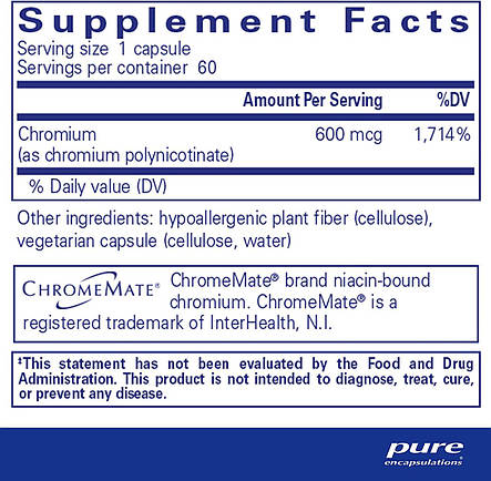 Унікальний полінікотінат хрому, ChromeMate GTF 600, Pure Encapsulations, 60 капсул, фото 3