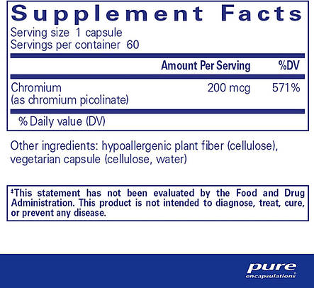 Хром піколінат, Chromium (picolinate), Pure Encapsulations, для підтримки здорового метаболізму ліпідів та глюкози, 200 мкг, 60, фото 3