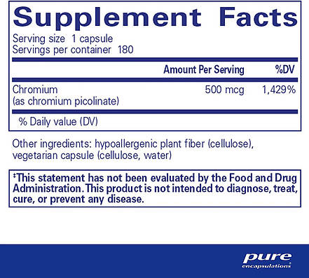 Хром (піколінат), Chromium (picolinate), Pure Encapsulations, для підтримки здорового метаболізму ліпідів та глюкози, 500 мкг, 180, фото 3