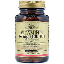 Вітамін Е, Vitamin E, Solgar, натуральний, 67 мг (100 МО), 100 гелевих капсул