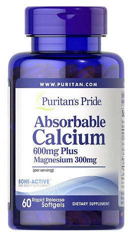 Кальцій плюс магній, Absorbable Calcium plus Magnesium, Puritan's Pride, 600 мг / 300 мг, 60 гелевих капсул, фото 1