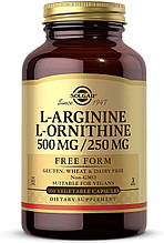 L-аргінін та L-орнітин, L-Arginine L-Ornithine, Solgar, 500/250 мг, 100 вегетаріанських капсул