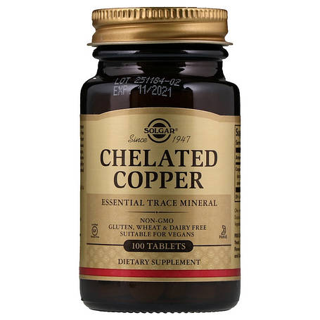 Мідь (Chelated Copper), Solgar, хелатна форма, 100 таблеток, фото 1