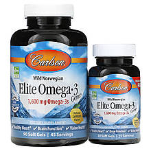 Омега-3, Elite Omega-3, Carlson, смак лимона, норвезька, 1600 мг, 90+30 гелевих капсул (800 мг на 1 капсулу)