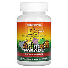 Вітамін D-3, Vitamin D 3, Nature's Plus, Animal Parade, смак чорної вишні, 500 МО, 90 жувальних цукерок