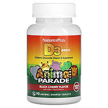 Вітамін D-3, Vitamin D 3, Nature's Plus, Animal Parade, смак чорної вишні, без цукру, 500 МО, 90 жувальних цукерок