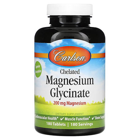 Магній гліцинат хелатний, Chelated Magnesium Glycinate, Carlson, 200 мг, 180 таблеток, фото 1