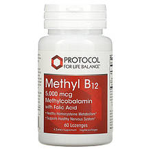 Метилкобаламін з фолієвою кислотою, Methyl B12, Protocol for Life Balance, 5000 мкг, 60 пастилок