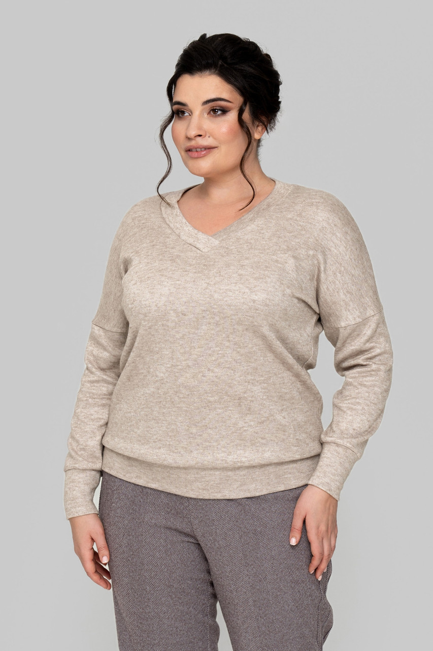 Ангоровий светр Меліса 2 вільного крою з V-подібним вирізом великих розмірів 50-60 молоко, фото 1