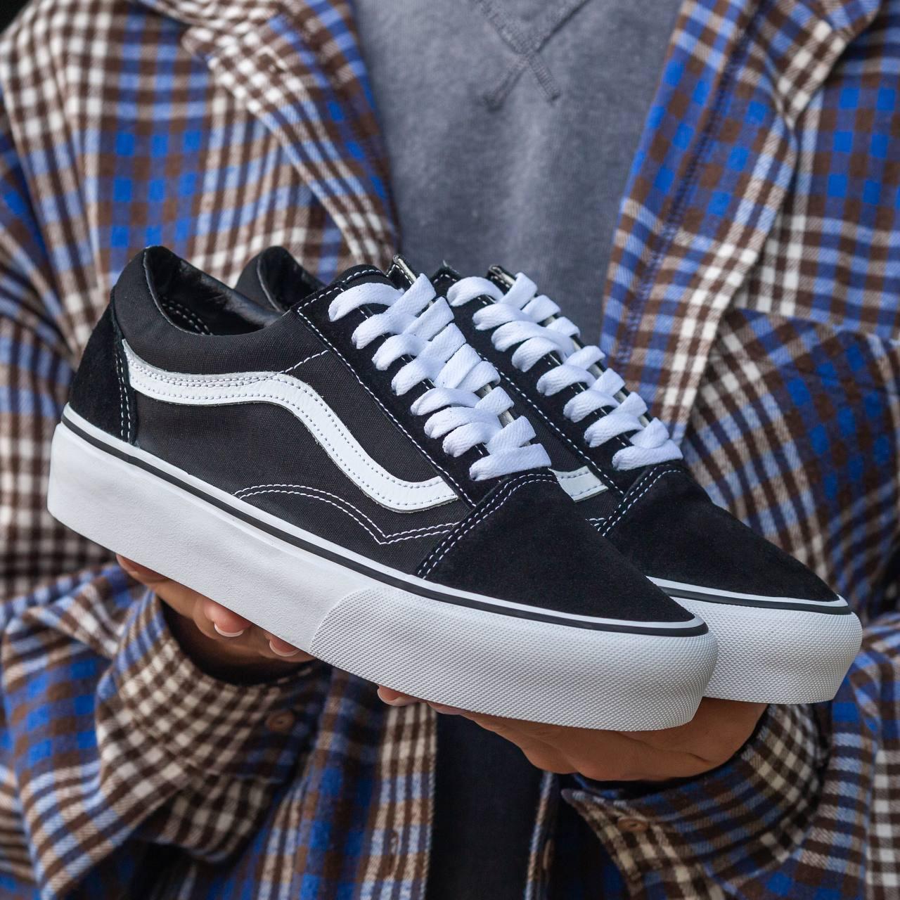 Жіночі кеди Vans Old Skool Platform Premium Взуття Ванси чорно-білі на високій платформі текстиль