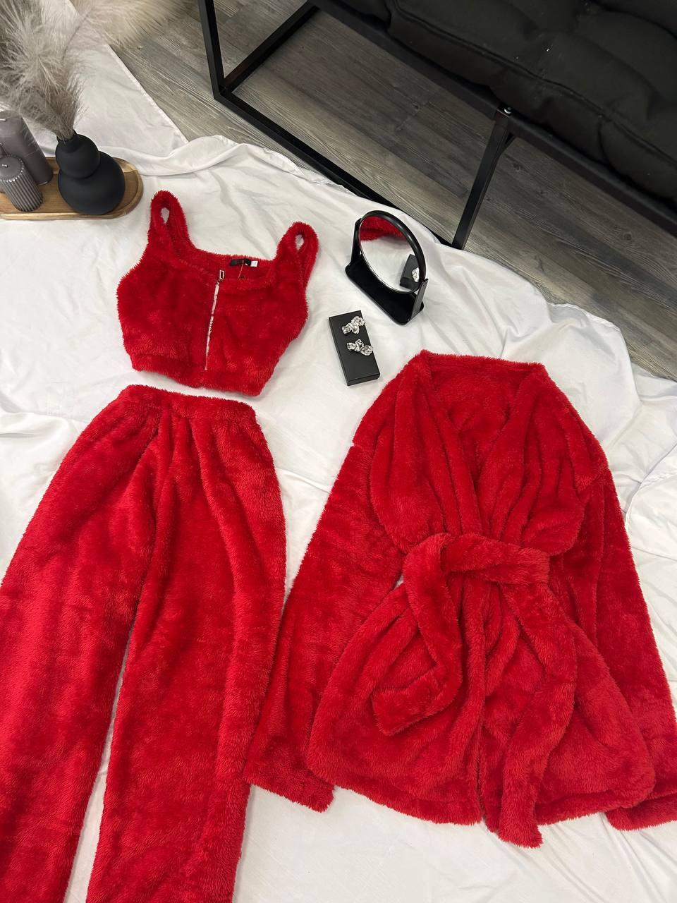 Домашній костюм-трійка штани ,топ на змійці та кофта з поясом, фото 1