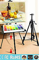 Мольберт тринога портативний, алюмінієвий, регульований. З великою поличкою для фарб та пензлів. Розкладний!