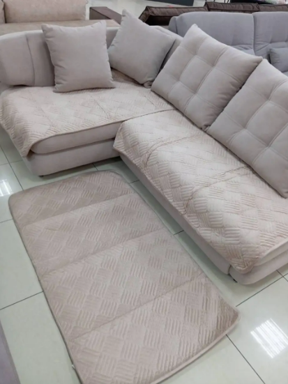 Дивандеки прогумовані комплект, покривало на диван велюрове щільне Бежевий, фото 1