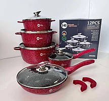 Набір посуду з гранітним покриттям, 12 предметів, каструлі, сковорода, сотейник, Higher Kitchen HK-305 червони