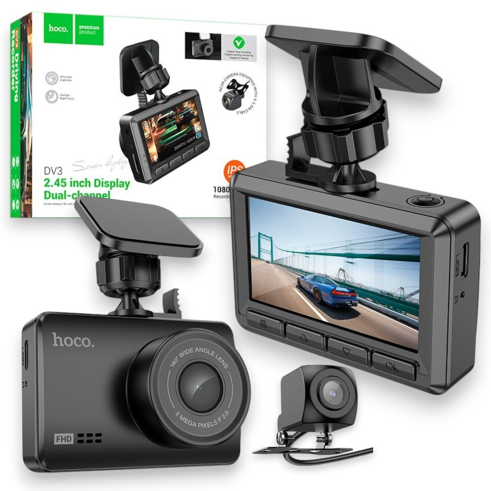 Автомобільний відеореєстратор Hoco DV3 Driving recorder with display Відеореєстратор для авто, чорний
