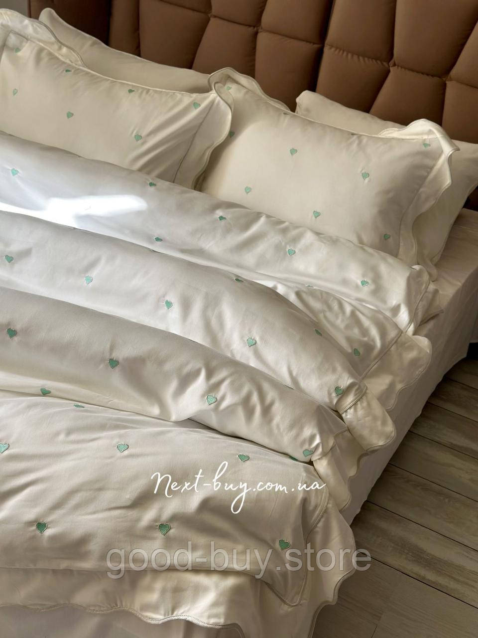 Maison D&#039;or Les Coeurs cream-mint постільна білизна євро 200х220 сатин з аплікацією з сердечок