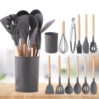 Набір кухонного приладдя 12 предметів із силікону та дерева Kitchen stuff Сірий