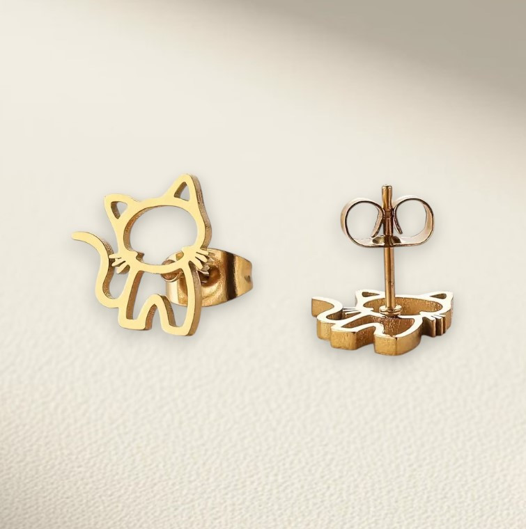 Елегантні та милі сережки-гвоздики із зображенням золотистого котика, стильні жіночі прикраси, 1.2 см, фото 1
