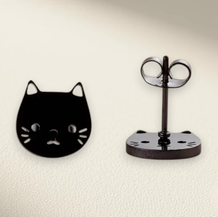 Сережки-гвоздики чорні в милому стилі з вирізаною мордочкою котика, нержавіюча сталь, 1 см, фото 1