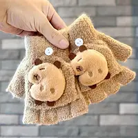 Перчатки рукавички без пальців рукавиці 2в1 дитячі з капібарою для хлопчика для дівчинки м'які світло-коричневі