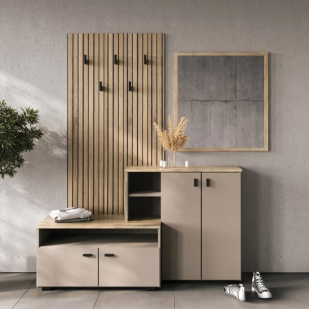 Сучасний стильний відкритий передпокій 150 см з дзеркалом тумбою для взуття вішалкою з гачками рейками в коридор Ебро