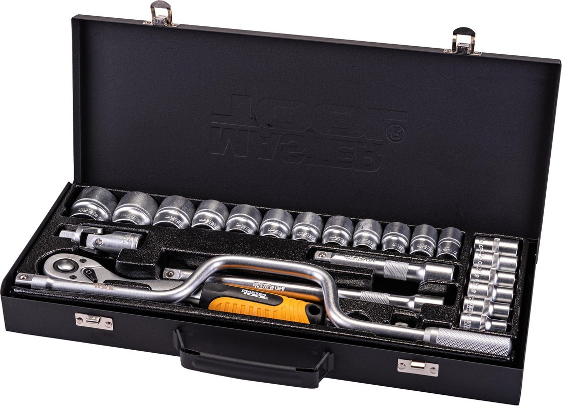 Набір насадок торцевих MASTERTOOL PROFI CrV 1/2" 10-32 мм тріскачка 72Т 24 шт. металевий кейс гнутий вороток, фото 1