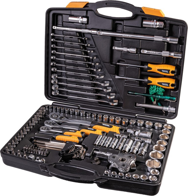 Набір ключів і насадок торцевих MASTERTOOL PROFI 1/4"-3/8"-1/2" тріскачка 72Т 121 шт кейс 78-5121, фото 1