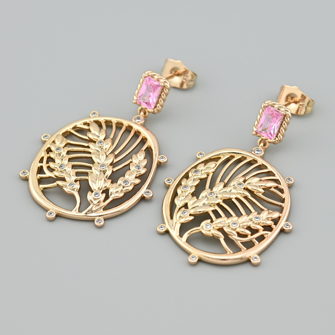 Сережки підвіски Пшениця 48765 розмір 42х27 мм рожеві фіаніти вага 9.7 г позолота 18К, фото 1