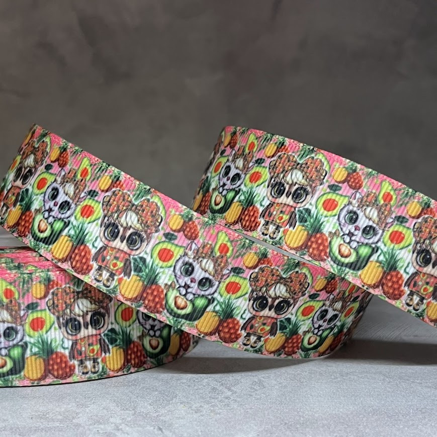 Репсова стрічка 2,5 см Сова і Кошеня (авокадо), арт011109, 1 метр, Різнокольоровий, фото 1