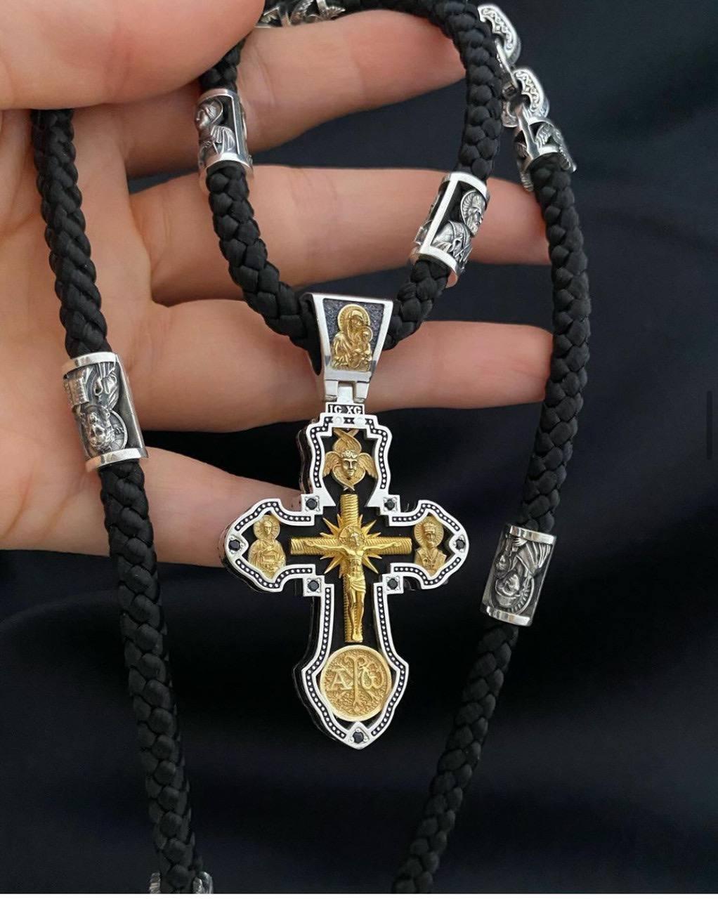 Шовковий шнурок зі срібними вставками та Срiбний православний хрест із чорним деревом та позолотою