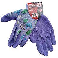 Рукавички поліестер фіолетові з зеленим латексним покриттям Haisser 211432