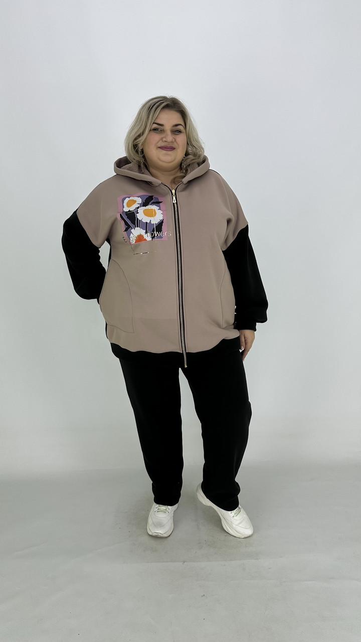 Стильна тепла трикотажна комбінована толстовка "Юніті" оверсайз 62-64 66-68 70-72 74-76