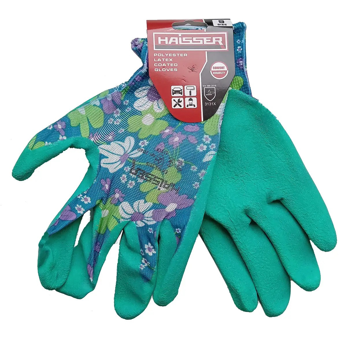 Рукавички поліестер сині з зеленим латексним покриттям Haisser 211433