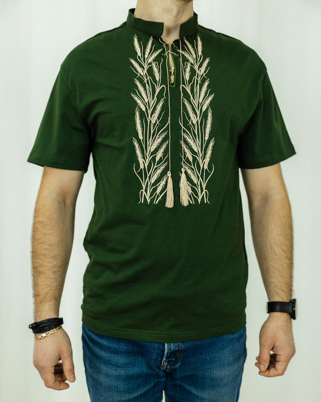 Футболка вишиванка Колоски колір хакі, футболка вишивка, футболка вишиванка, футболка з вишиванкою, футболка вишита, фото 1