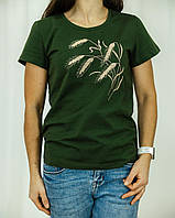 Футболка з вишивкою жіноча Колоски колір хакі, футболка вишиванка,футболка з вишиванкою,футболка вишита