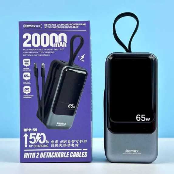 Павербанк Remax RPP-59 20000 mAh 65W+60W PD+QC + кабель Type-C / Lightning сірий