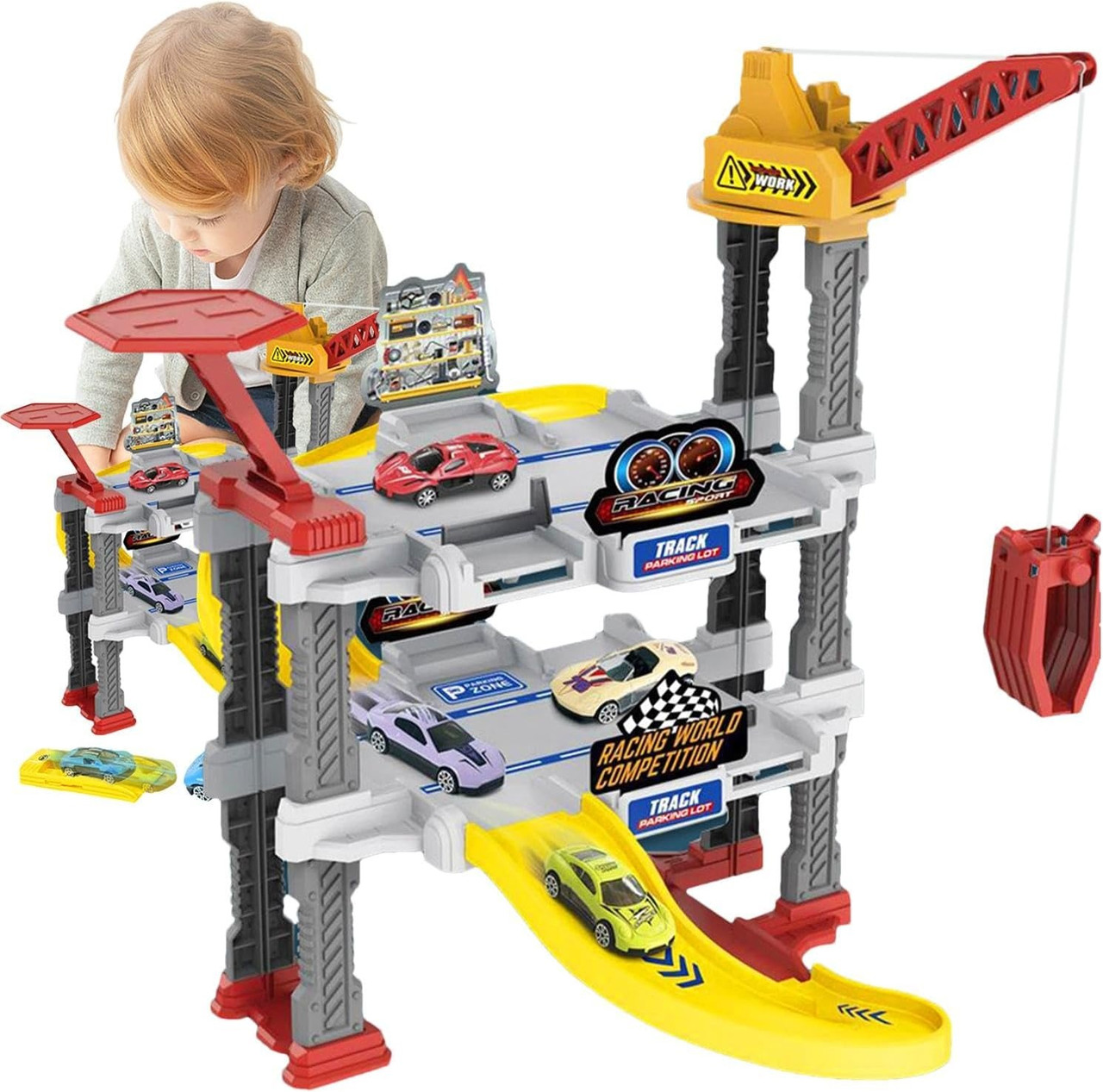 Дитячий ігровий гараж парковка іграшковий Трек з механічним підйомником катапультою 34 елементи 3 машинки, фото 1