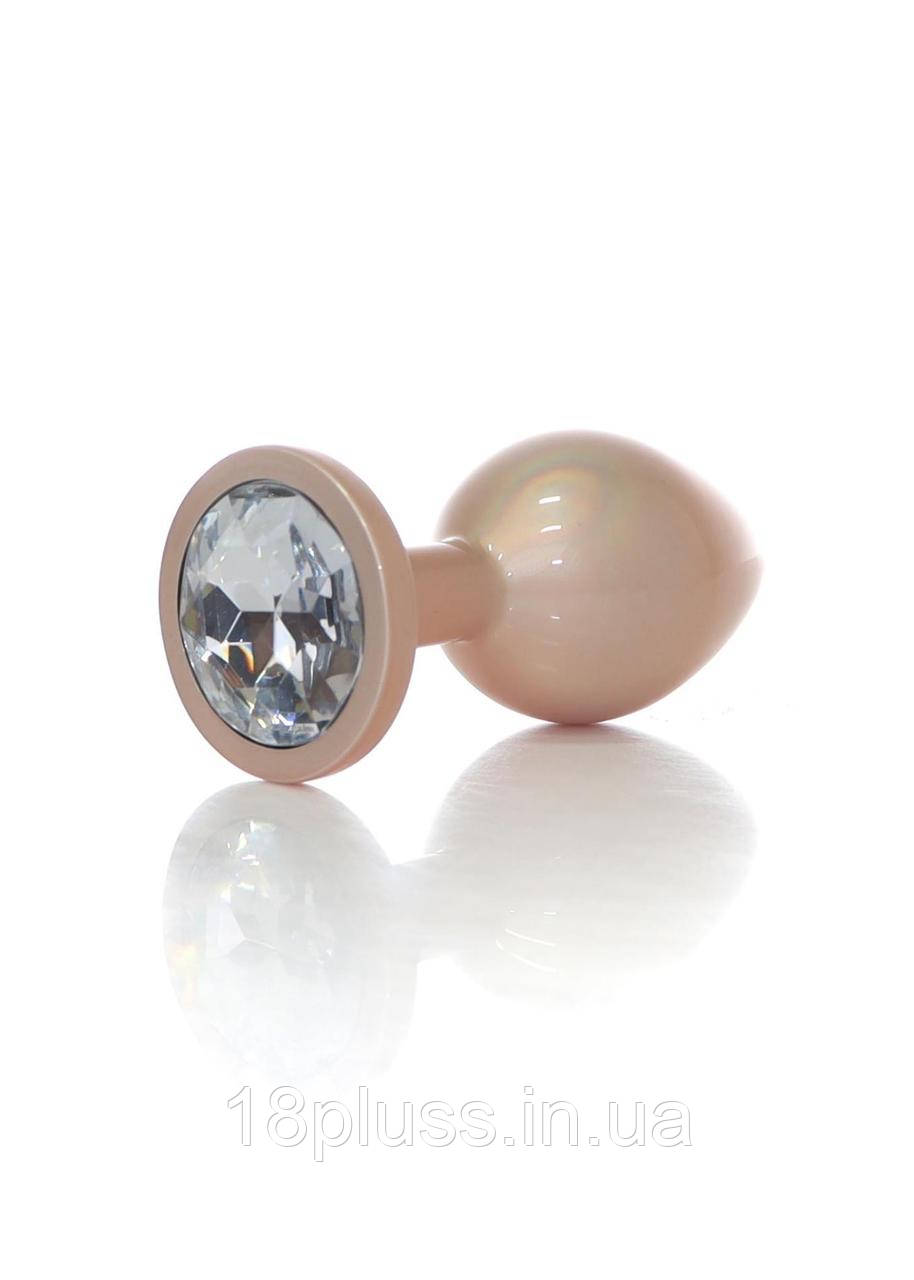 Металева перламутрово-золотиста анальна пробка з кристалом Jewellery Pearl Gold Plug Clear Medium, фото 1