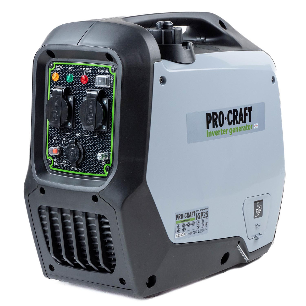 Інверторний бензиновий генератор Procraft IGP25, 4х тактний, одноциліндровий, 2 кВт/1,8 кВт, 0,57 л/г, запуск ручний.