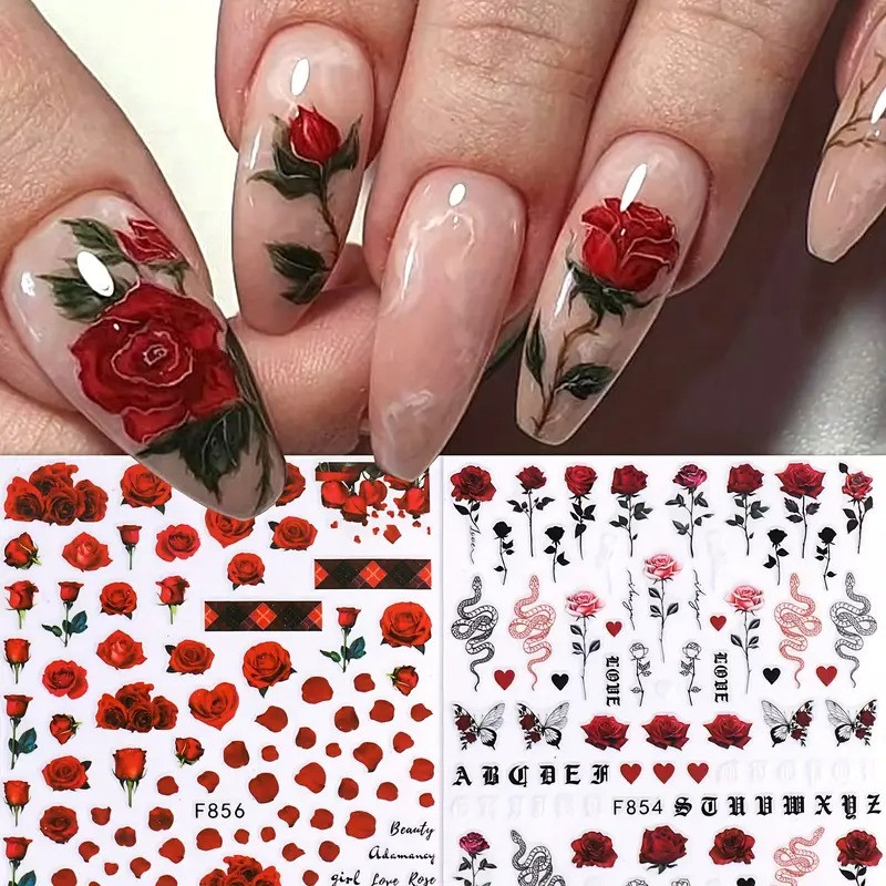 2 аркуші наклейок для нігтів з червоними трояндами, романтичними фразами, метеликами та зміями, фото 1