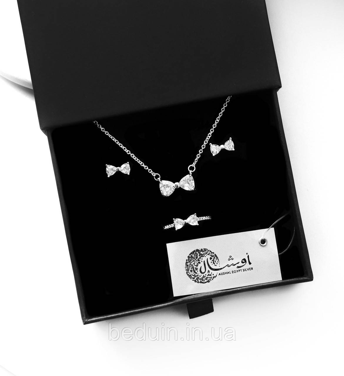 Серебряный комплект украшений пандора "Белый Бант" подвеска, серьги, кольцо - серебро 925 пробы EGYPT SILVER