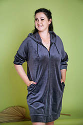 Халат ВЕЛЮРОВИЙ жіночий на молнії БАТАЛ ТОМІКО L-3XL ГРАФІТ/СІРИЙ