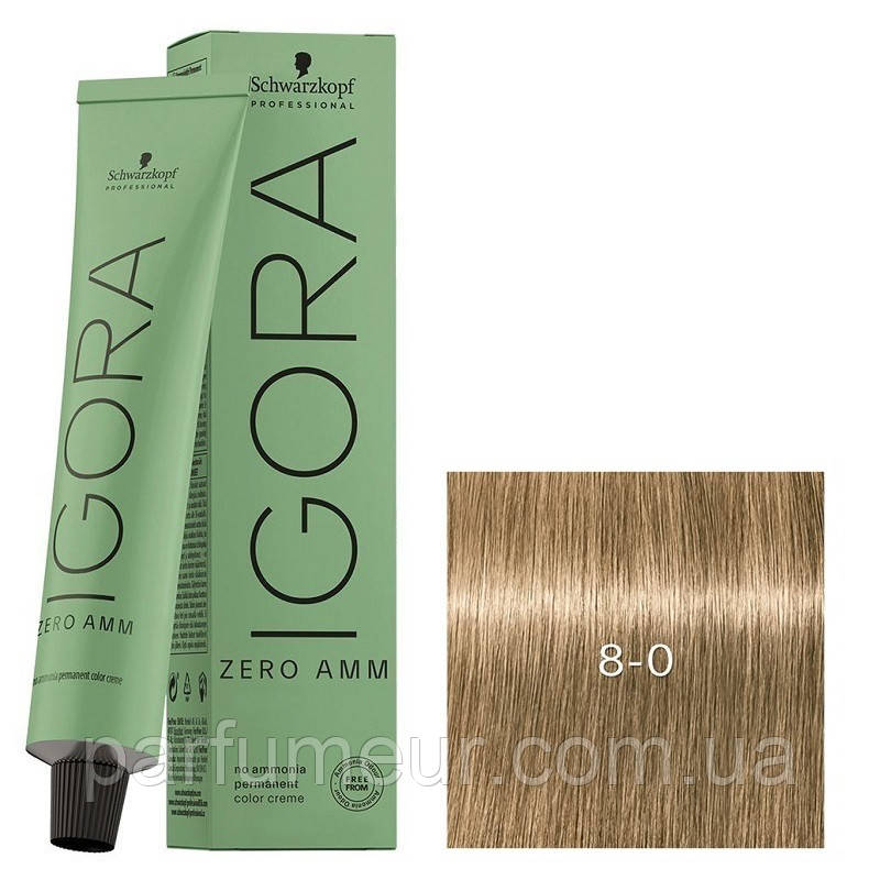 Стійка крем-фарба без аміаку Schwarzkopf Igora Zero Amm 8-0 світлий блондин натуральний 60 мл, фото 1