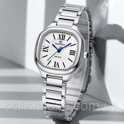 Годинник жіночий стильний квадратний Naviforce Carrera Silver, фото 5