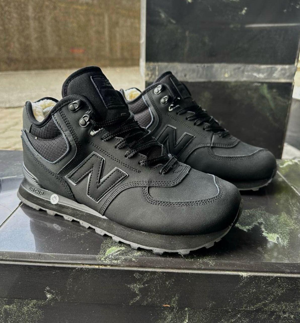 Чоловічі зимові кросівки New Balance 574 High Black Winter Fur чорні кросівки високі Нью Баланс нубук