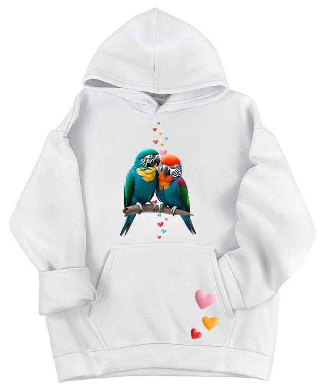 худі з папугами, чорне худі, худі для пари, худі на 14 лютого, подарунок з папугами, толстовка з принтом, худі з сердечками, бавовняне худі, стильне худі Україна, одяг з папугами