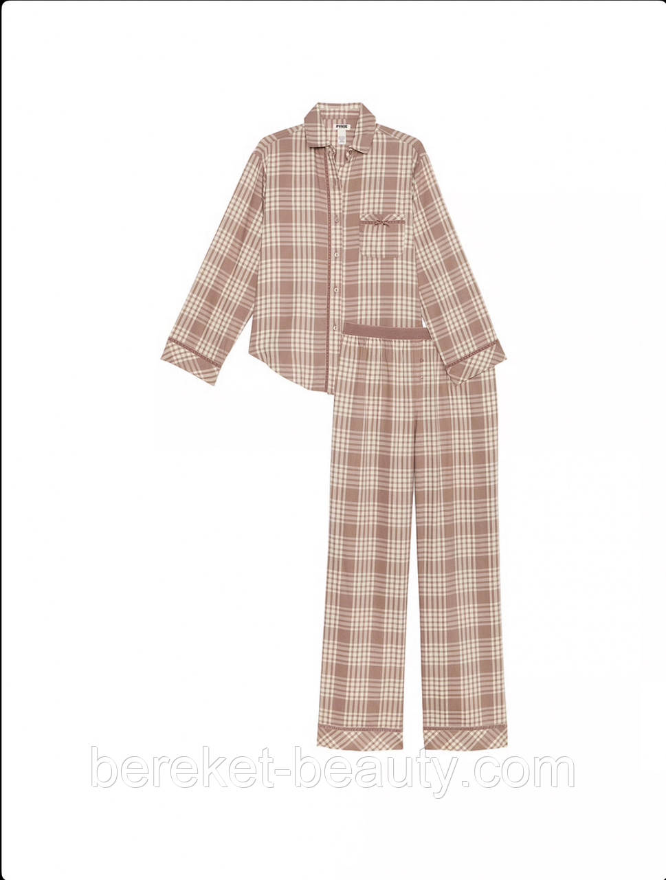 Піжама Pink Victoria's Secret Flannel Long Pajama Set (Iced Coffee Plaid), S