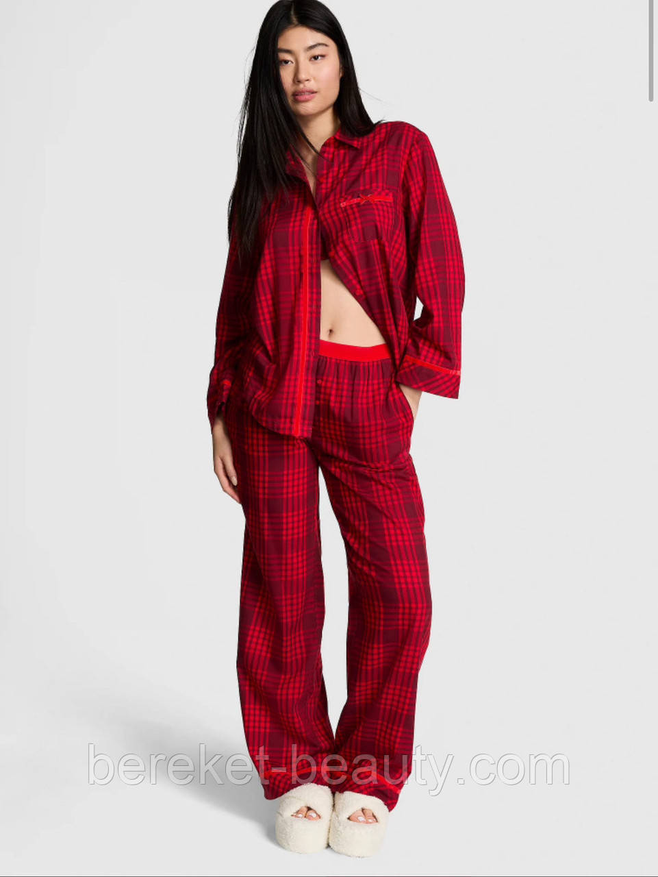 Піжама Pink Victoria's Secret Flannel Long Pajama Set (Bright Vermillion Plaid), S, фото 1