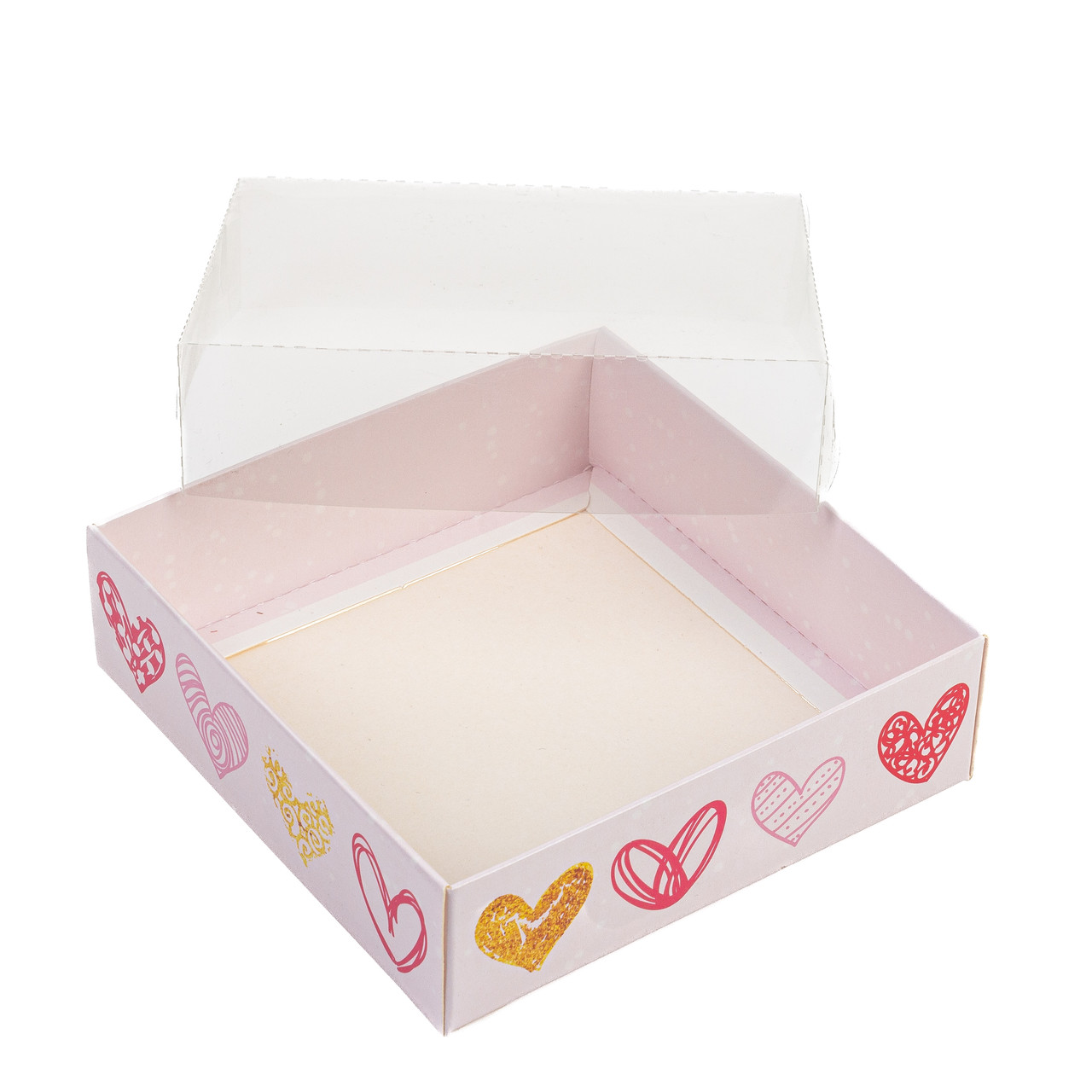 Коробка 120х120х35 для пряника з прозорою кришкою "Сердця мікс", фото 1