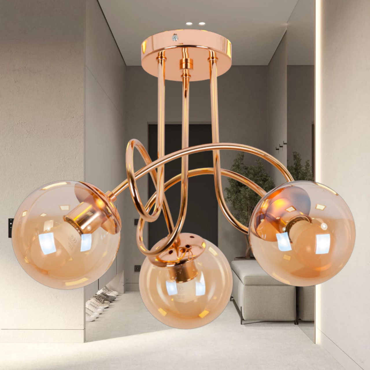 Стельова золота люстра з 3 коричневими плафонами-кулями "Triple Glow "(52-9903-3 GOLD+BR)